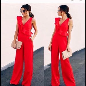 Do + Be Large Jumpsuit Red Ruffle Sleeveless Zip Romper Stretch Style # Y16498